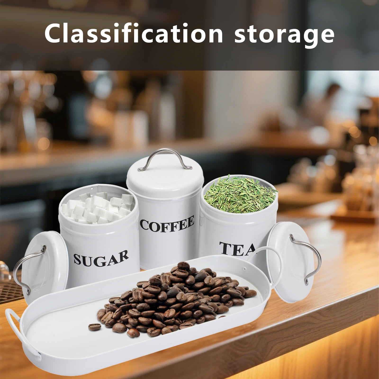Pethiy Tea Coffee Sugar Canister Set,Airtight Food Storage Canister,Vintage, Farmhouse Metal Containers with Lids, Coffee, Tea, Sugar Set Canister With Tray for Food Storage,3 Pack,White