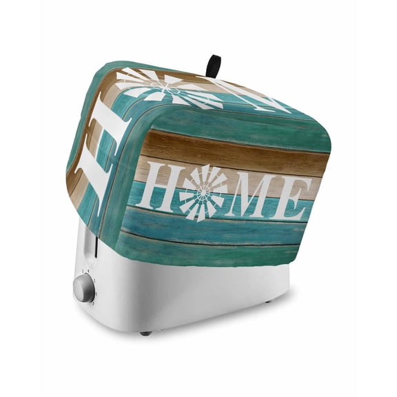 Teal Blue Brown Toaster Cover 2 Slice, Small Kitchen Appliance Covers, Home Vintage Farmhouse Retro Wooden Toaster Oven Cover with Loop, Bread Machine Cover Polyester Dust Cover Protection