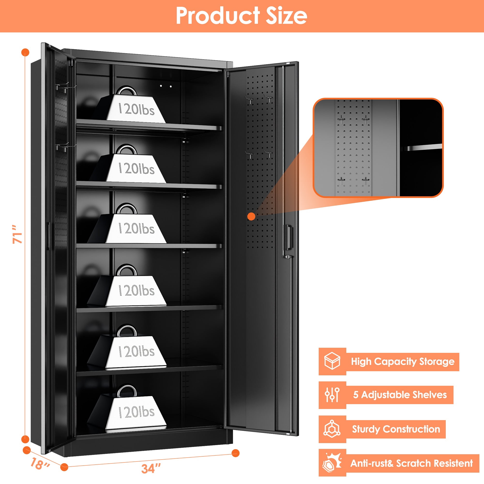 GANGMEI 72 Inches Tall Metal Garage Storage Cabinets with 5 Adjustable Shelves, Lockable Steel Black Storage Cabinet with Doors for Office, Home, School, Shops, Garage, Assembly required