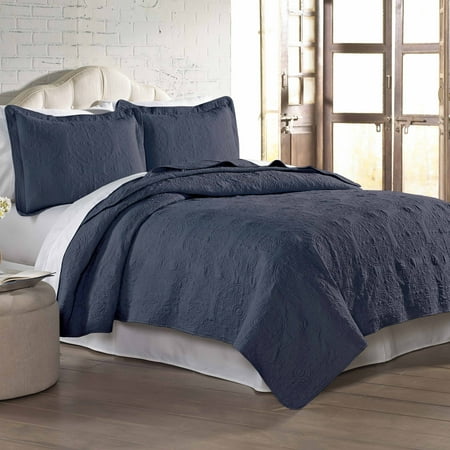 2 pc Solid Medallion Embroidered Quilt Set -Twin Indigo ...