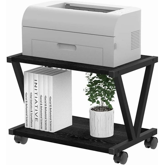 Retro Desktop Printer Stand 2 Double Tiers Wood Printer Shelf Modern Wood Storage Book Shelf Organizor for Home Office Stylish Sturdy V Shaped (Black)