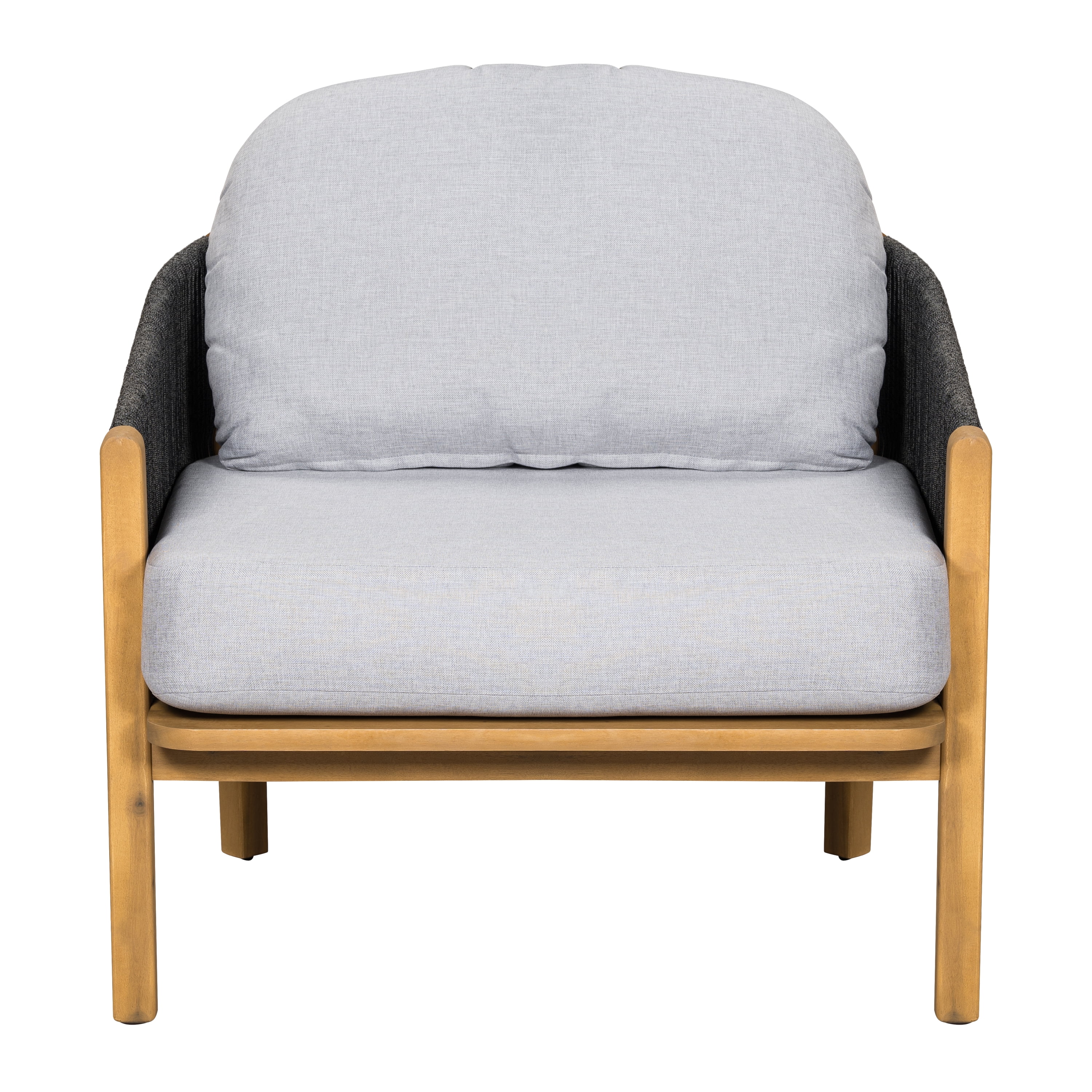 Club Chair with Acacia Wood Frame and Rope Weave, Outdoor Patio Armchair and Garden Lounge Seating with Gray Cushion, Gray and Teak