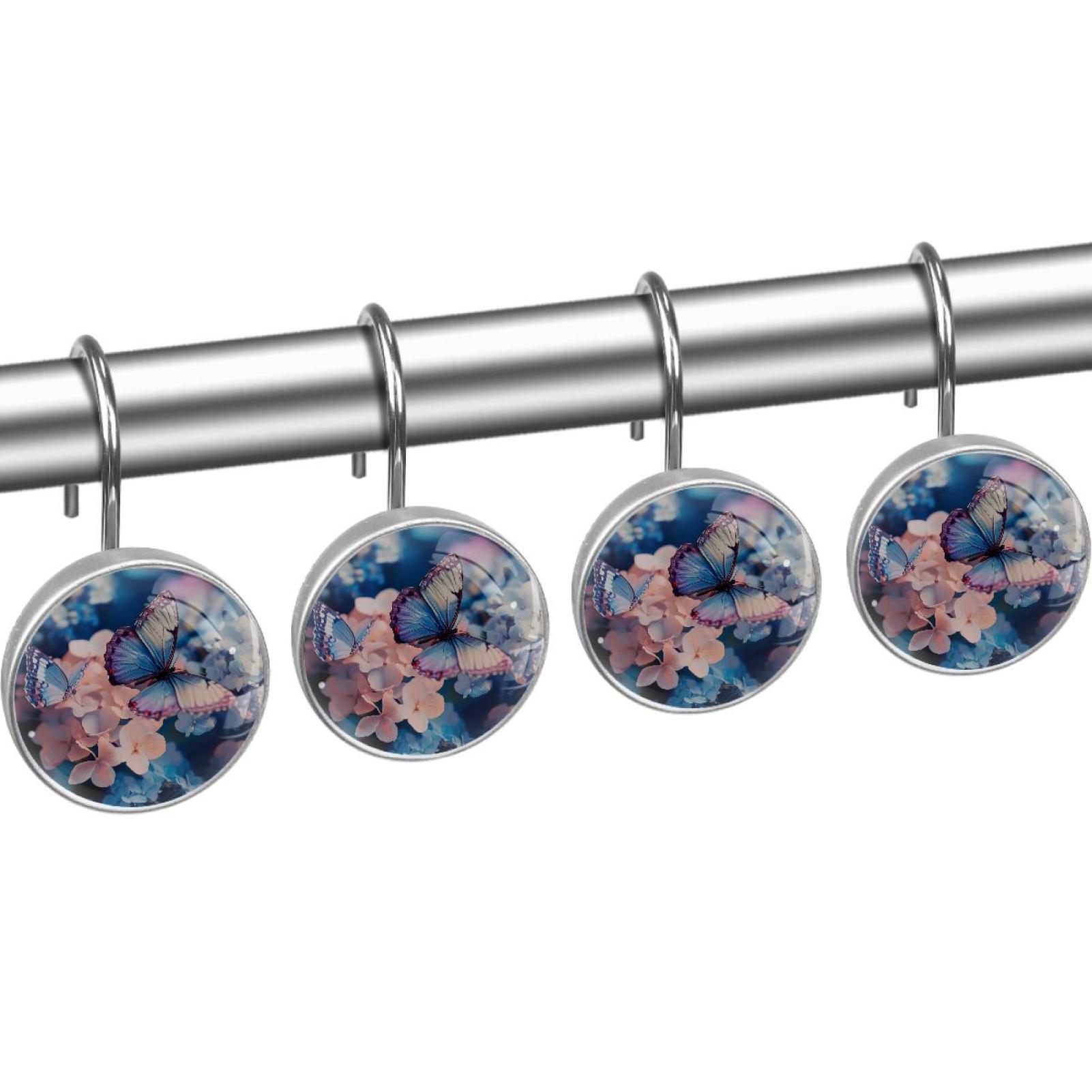 Butterfly on Hydrangea Flower Shower Curtain Hooks Round Crystal Glass, Set of 12 Shower Curtain Rings - Shower Hooks for Curtain Shower Rings