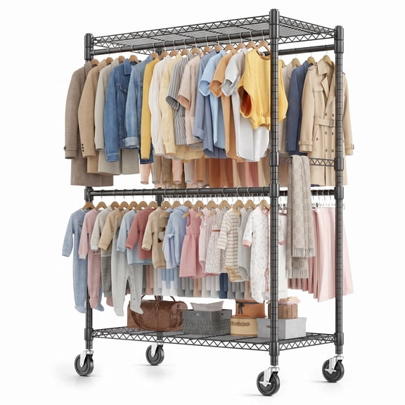 Legooin Heavy Duty Garment Rack with 4 Hanging Rods 2-Shelves Freestanding Clothes Rack Portable Wardrobe 45"W x 20"D x 80"H, Black