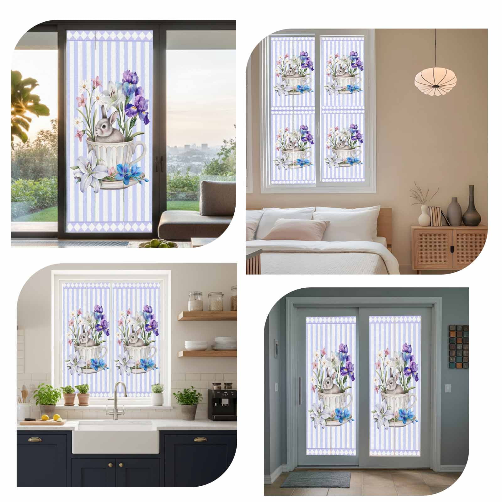 Cup Rabbit Window Privacy Film, Easter Watercolor Tea Cup Bunny Floral Purple Stripes Frosted Glass Window Clings Static Cling UV Heat Blocking Reusable Door Sticker for Bathroom 29.5 x 118 Inch