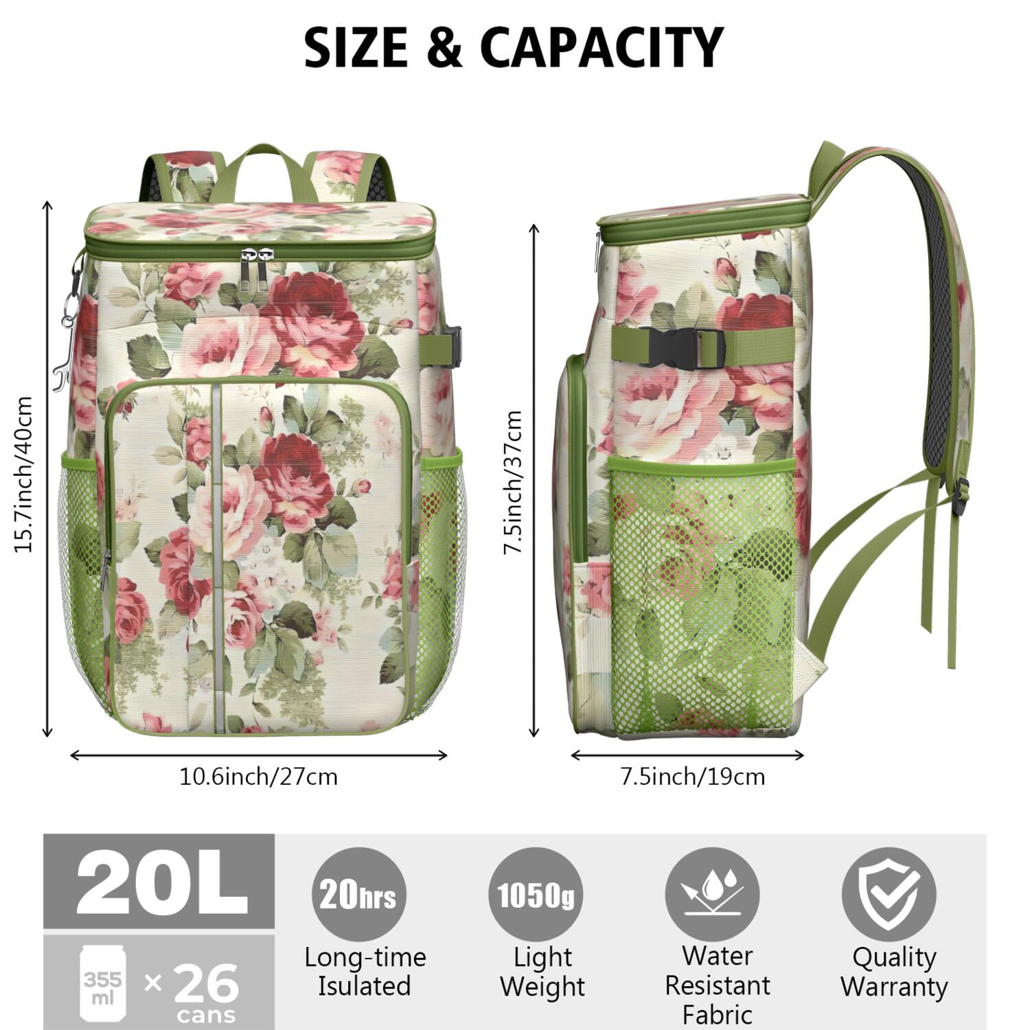 Travel Cooler Bag - Pioneer Flower Floral Print Pattern Camping Beer Cooler Backpack with Bottle Opener- Waterproof Insulated Picnic Backpacks - Cooler Bag for Beach