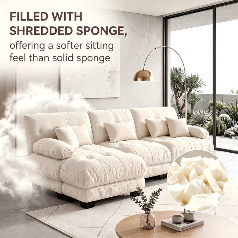 ANPPORT Cloud Couch Sleeper Sofa, Chenille Light Coffee 3-Seater Modular Sofa with 1 Ottomans, 3 Lumbar pillows,2 Pillows, Comfy Deep Seat Cloud Sofa, Convertible L-Shaped Floor Couch for Living Room