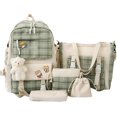 thumbnail image 1 of Tool Bag Preppy Green School Backpack with Lunch Box, 5 Piece Cute Canvas Backpack Set, Plaid Aesthetic Laptop Bag, with Cute Pendant, 1 of 4