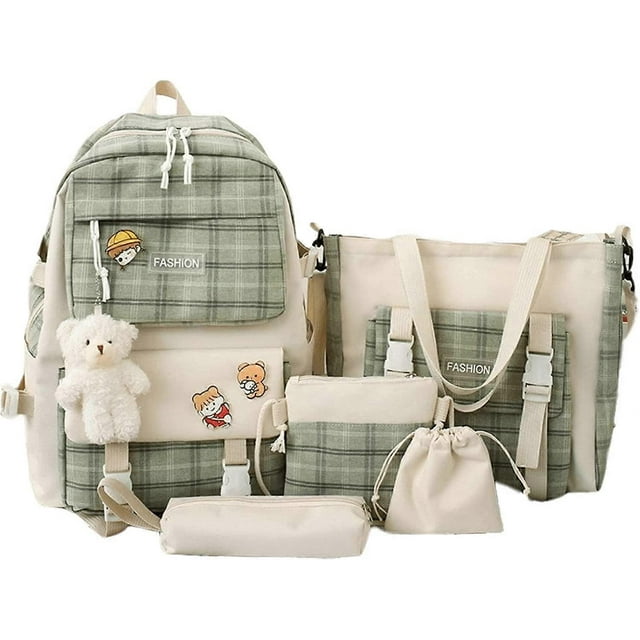 Tool Bag Preppy Green School Backpack with Lunch Box, 5 Piece Cute Canvas Backpack Set, Plaid Aesthetic Laptop Bag, with Cute Pendant