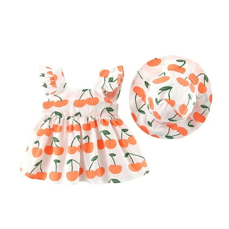 

DNDKILG Infant Baby Toddler Girls 2 Piece Summer Sleeveless Outfits Clothes Set Ruffle Dress and Set Fruit Print with Sun Hat Orange 6M-3Y 110=12
