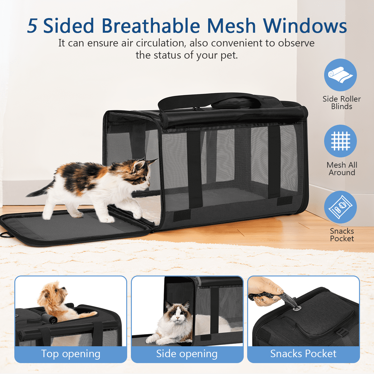 Cat Carrier, Cat Carriers for Large Cats up to 25LB, large Cat Carrier with a Bowl, Soft Sided Carrier with 2 Side Roller Blinds for Pet Cat Kitten Small Dog Puppies Airline Approved, Black