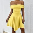 thumbnail image 5 of Women'S Off the Shoulder Mini Dress Ruffle Hem Ruched Corset Short Cocktail Party Dresses Light Yellow M, 5 of 8