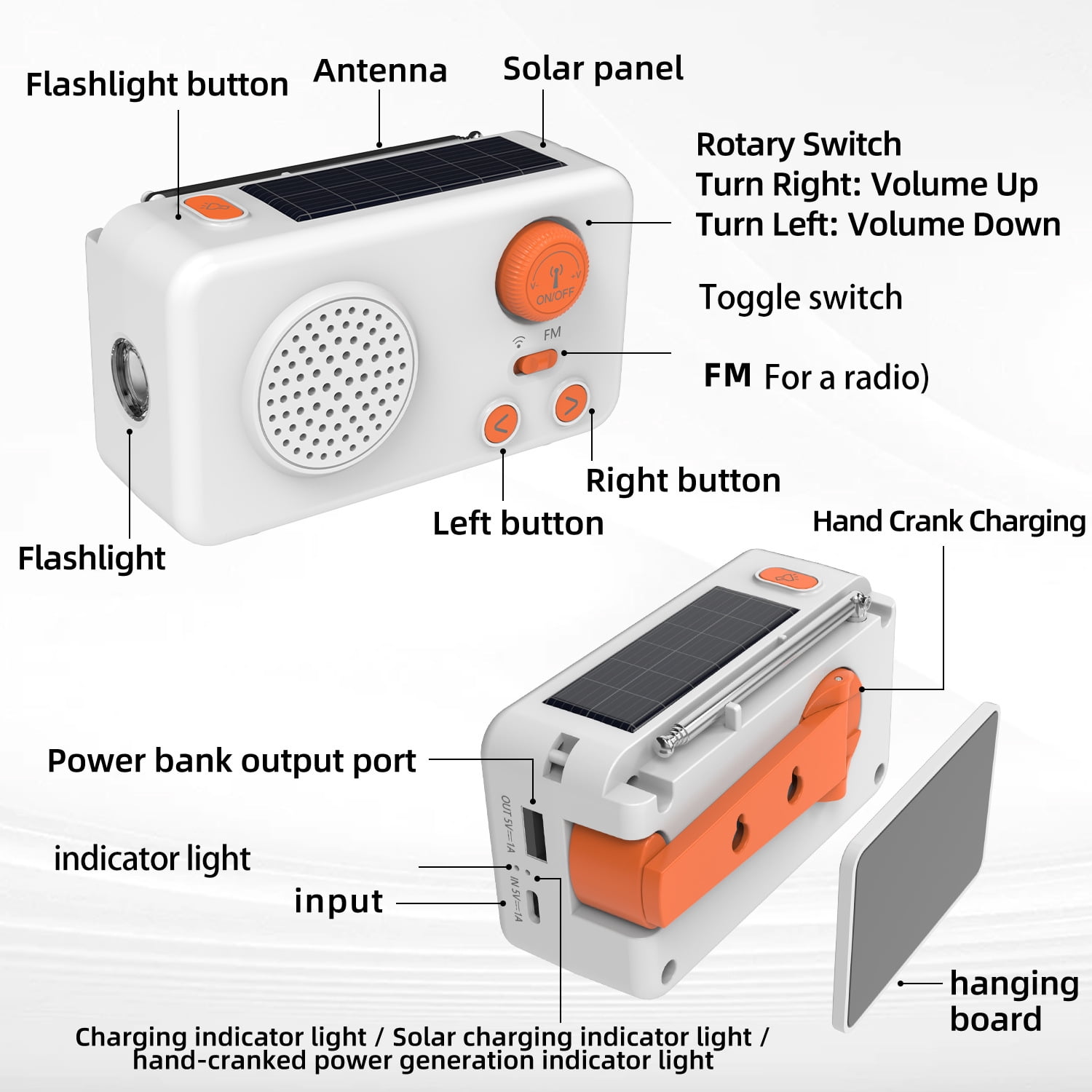 Solar Emergency Radio with Hand Crank and Power Bank, Portable Bluetooth Speaker with Flashlight, USB Rechargeable Weather Radio for Outdoor Camping and Survival, 4.6" x 2.3", Alabaster White