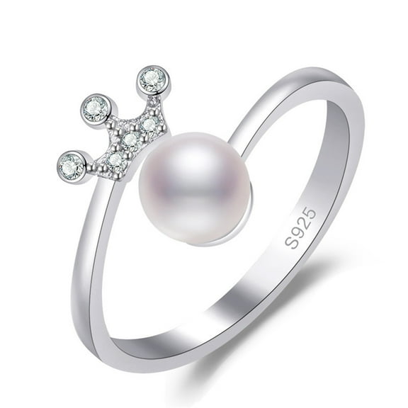 Guodhu Silver Dainty Crown Pearl Ring for Women Cubic Zirconia Minimalist Ring Birthday, Engagement, Anniversary, Wedding Jewelry Gift for Women