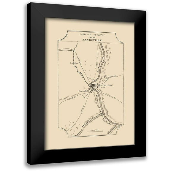 Melish 11x14 Black Modern Framed Museum Art Print Titled - Zanesville Ohio - Melish 1812