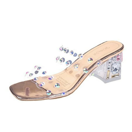 

Cathalem Women Sandals Summer Fashion New Pattern Color Rhinestone Transparent Square Heel Non Slip Comfort Convenient Slip On High Heels Gold 42