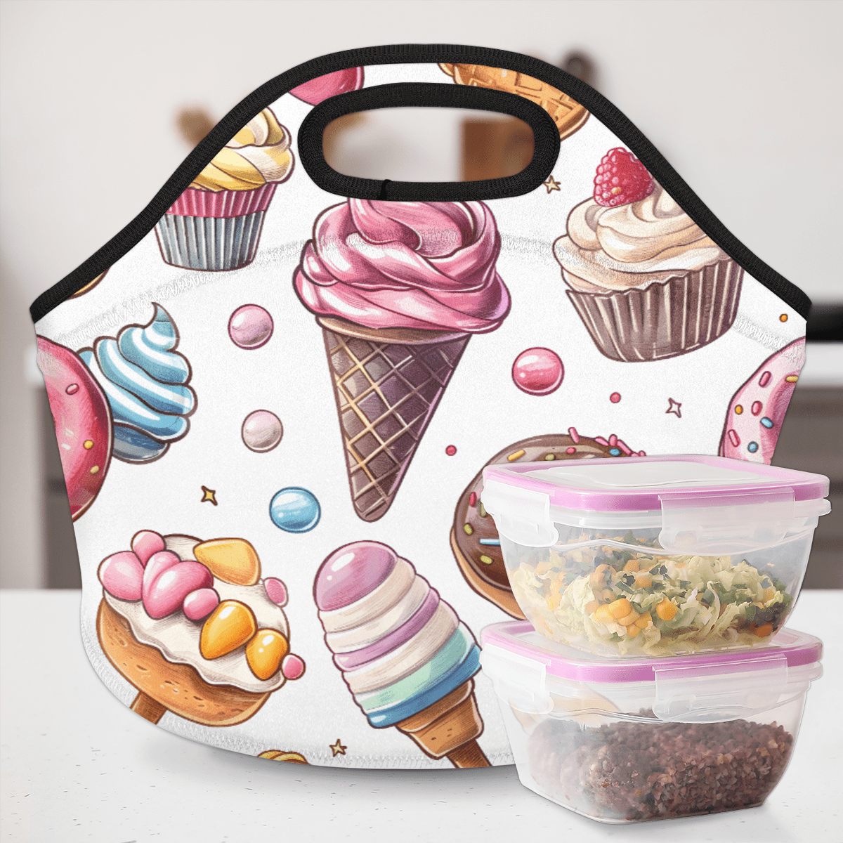 Herdesigns Sweet Food Neoprene Lunch Bag, Ice Cream Donut Insulated Lunch Box for Women Men Washable Lunch Tote Soft Lunch Container With Zipper for Work Picnic Travel