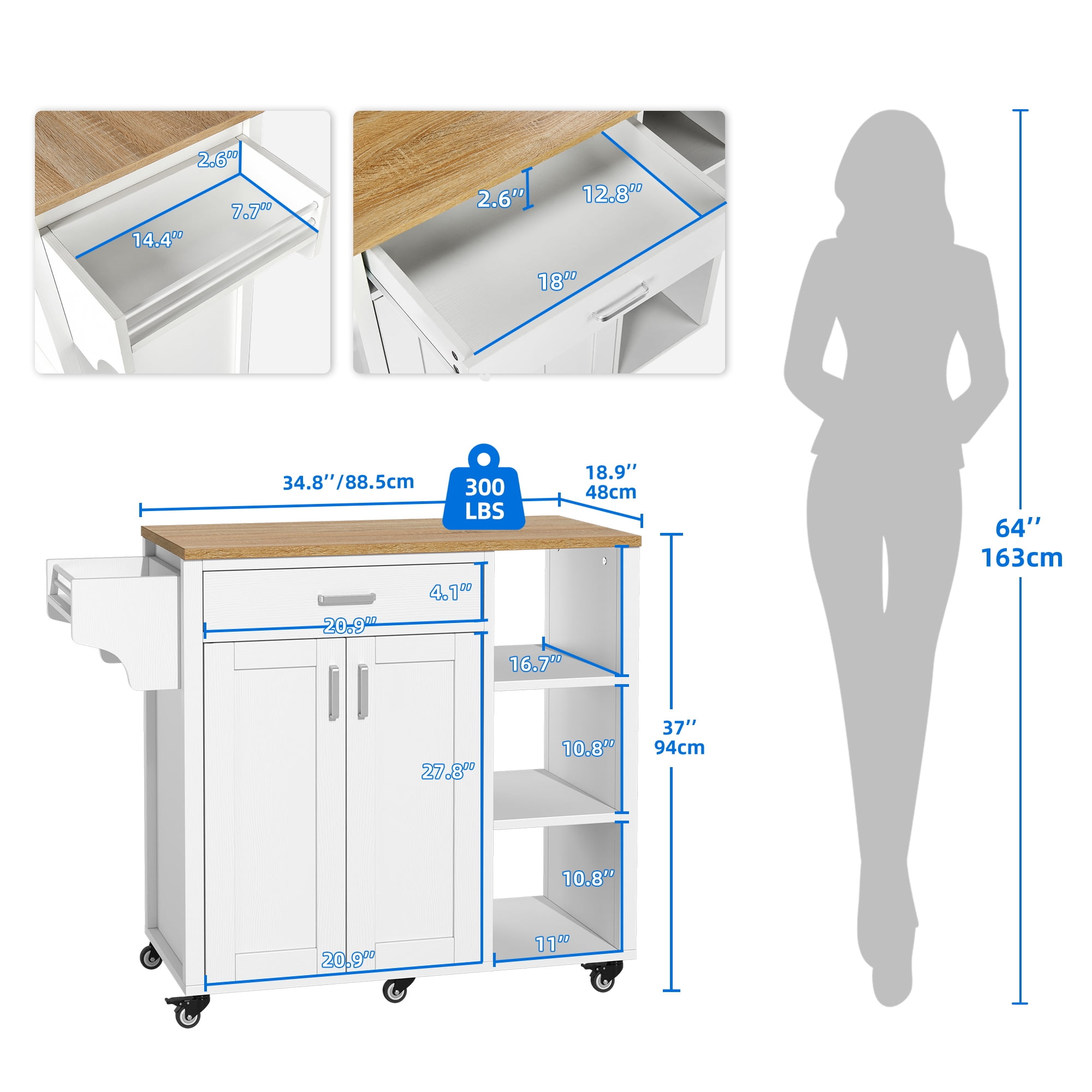 DEXTRUS 37" Kitchen Island Cart with Storage, Kitchen Storage Cart with Shelves & Spice Rack, White