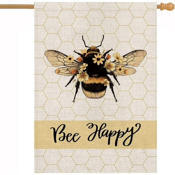 Spring House Flag Bee Happy Flower Floral Summer Vertical Double Sided Burlap 28 x 40 Inch Holiday Farmhouse Seasonal Yard Outdoor Decor