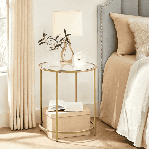 VASAGLE Round Side Table, Glass End Table with Metal Frame, Gold Coffee Table with Modern Style, for Living Room, Balcony, Bedroom, Gold Color