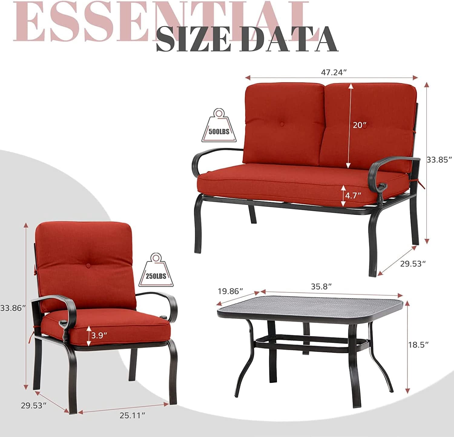 SOLAURA 4-Piece Outdoor Furniture Patio Conversation Set with Metal Table and Seating Cushions(Red)