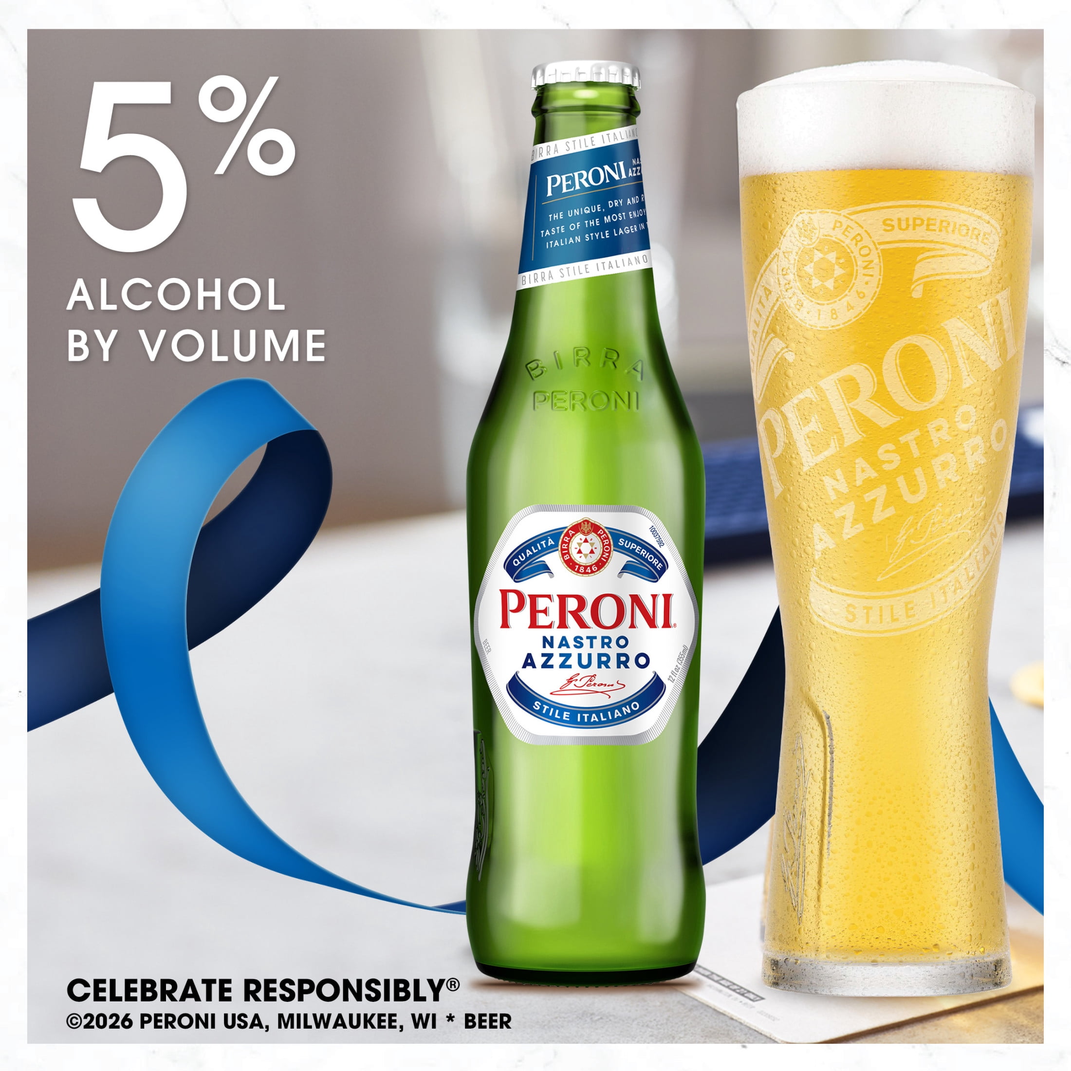 Peroni Nastro Azzurro Beer, 12 Pack, 12 fl oz Glass Bottles, 5% ABV