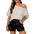 thumbnail image 5 of Womens Off The Shoulder Tops Oversized T-Shirts Short Sleeve Tees Summer 2026 Casual Spring Fashion Clothes Beige XL, 5 of 6
