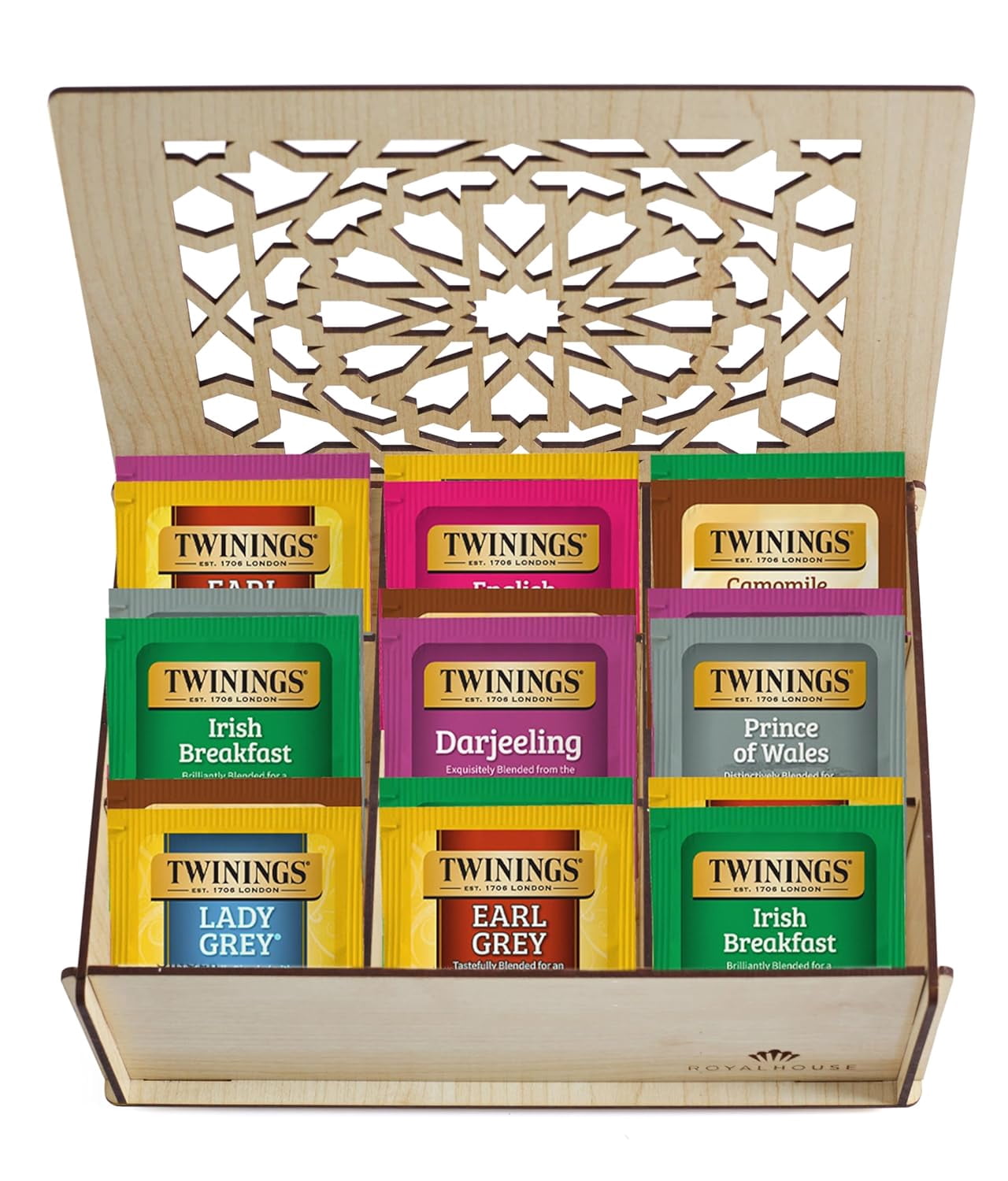 Twinings Tea Bag Sampler Variety with White Wooden Organizer (60 Count) 40 Different Flavors, Gift for Tea Lovers: Women, Men, Mom, Dad, Family, Friends, Couples