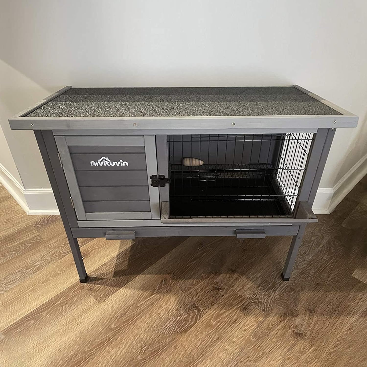 Aivituvin Rabbit Hutch, Wooden Bunny Cages Indoor with Deeper Leakproof Tray - Upgrade with Metal Wire Pan (Grey, Rabbit Hutch #001-B) Large
