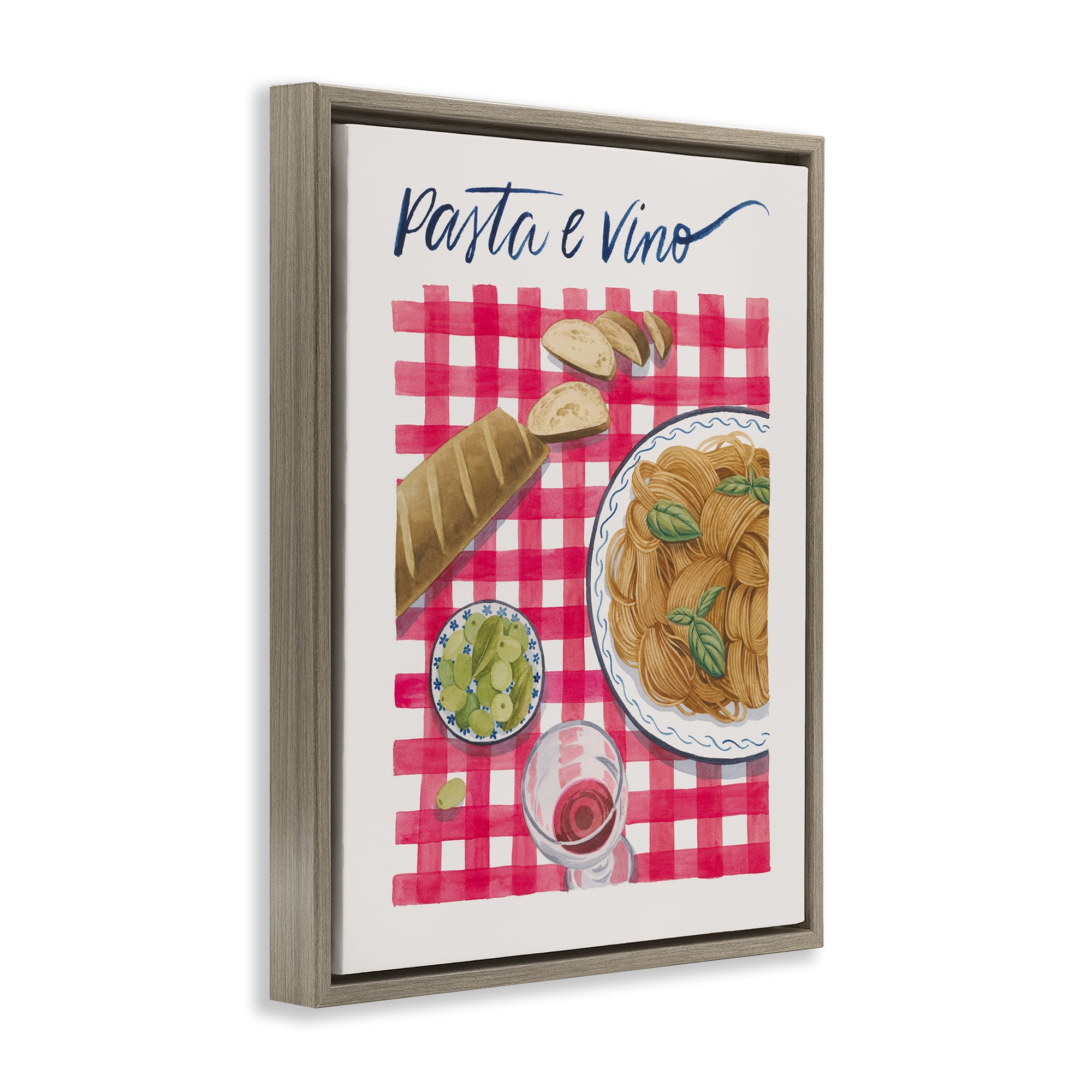 Stupell Industries Pasta & Wine on Tartan Food & Beverage Painting Brown Floater Framed Canvas Art Print Wall Art, 25 x 31