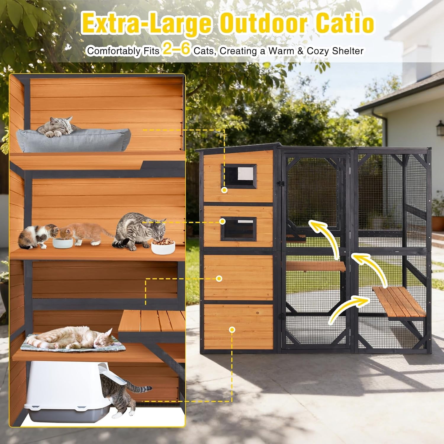 MEDEHOO Large Catio Cat Enclosure Window for Outdoor Cats, Weatherproof Cat House with Roof, Resting Platforms & Windows, Indestructible Feral Cat Shelter for Backyard - Black and Brown