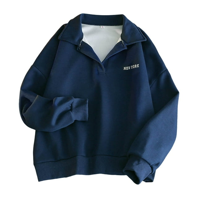 Chandail à Col Rond Femme Automne Couleur Unie Col Polo Chandail Ample Manches Longues Décontracté Chandail à Enfiler Haut Surdimensionné Chandail Femme Marine TTG