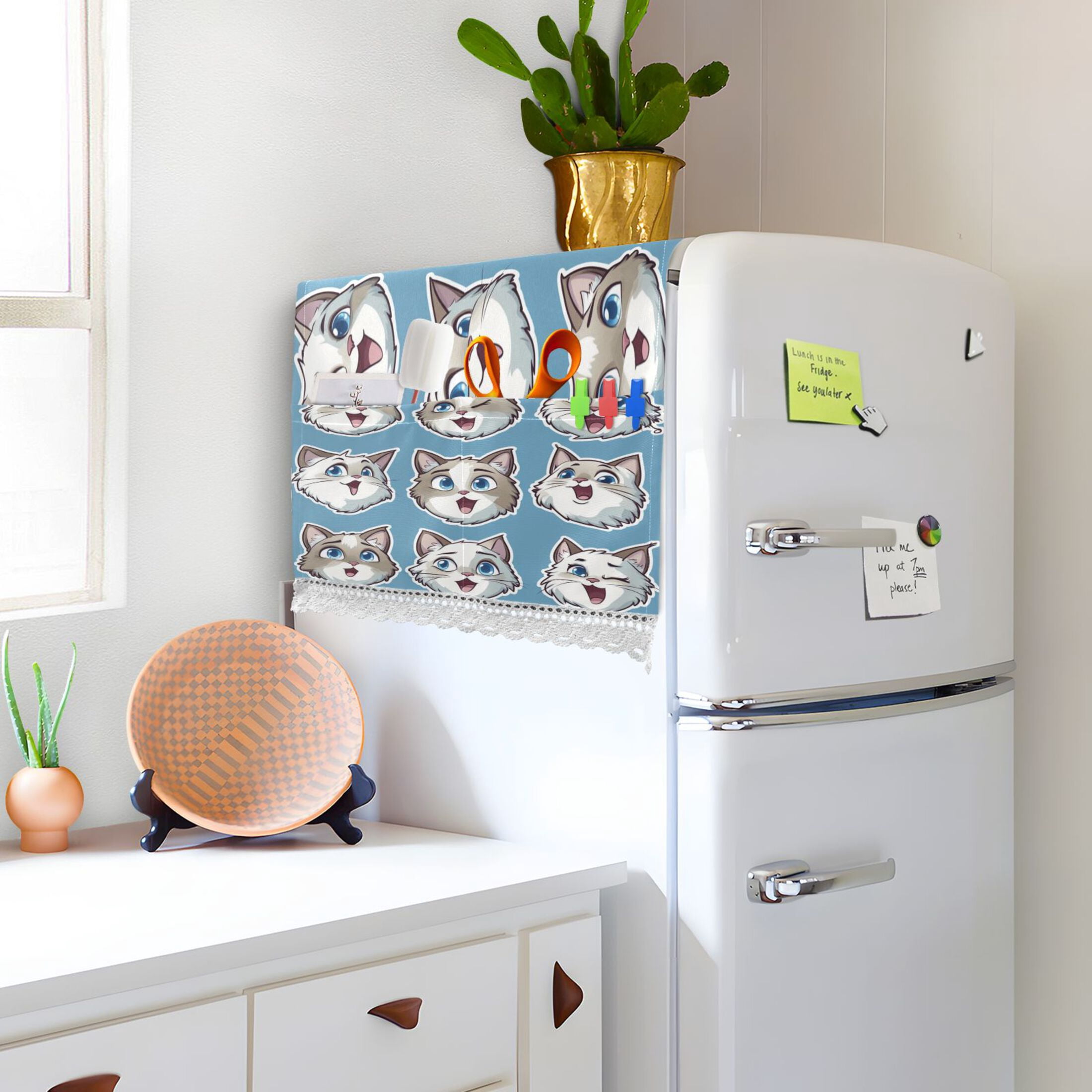 Cute Cartoon Ragdoll CatWasher and Dryer Covers Dust-Proof and Oil Resistant Fridge Cover with 4 Storage Pockets Washing Machine Top Cover for Laundry Kitchen Home 51.2 x 22 In