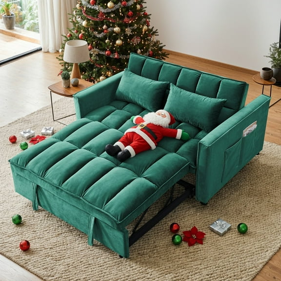 Yardi Yarda 54 Inch Adjustable Backrest Sofa, Sofa Bed, Futon Sofa with Double Armrest and Pouch, Variable Bed for Living room, Bedroom, Dark Green