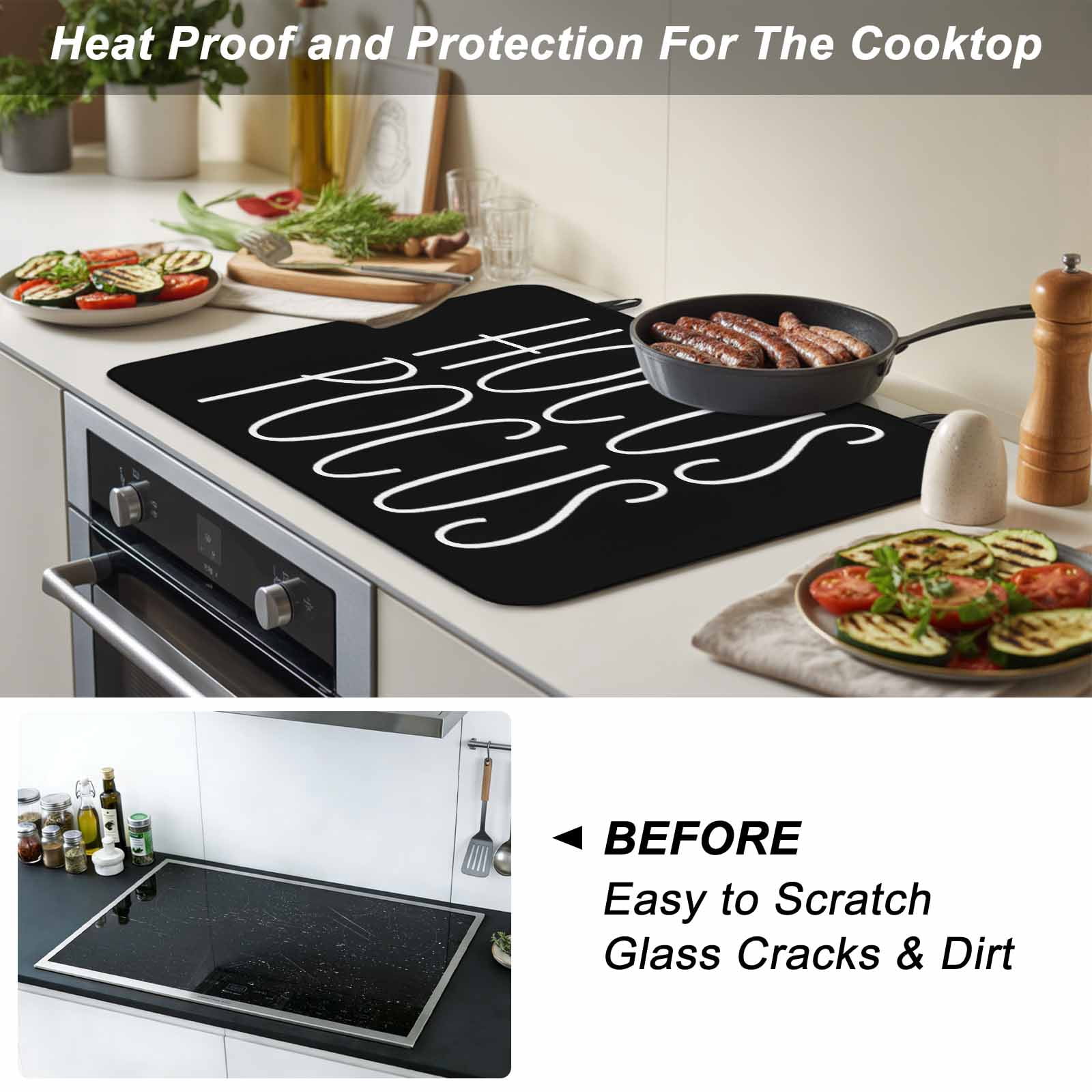 Halloween Stove Top Cover for Electric Stove, Heat-proof & Non Slip Glass Top Stove Cover Protector, Hocus Pocus Black Abstract Simple Lines Art Kitchen Flat Cooktop Rubber Mat 24x21 Inches