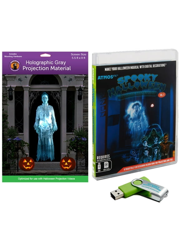 Reaper Brothers Spooky Halloween Hollusion Digital Decoration Kit Includes 8 AtmosFX Video Effects for Halloween Plus 5.5' x 9' Holographic Projection Screen