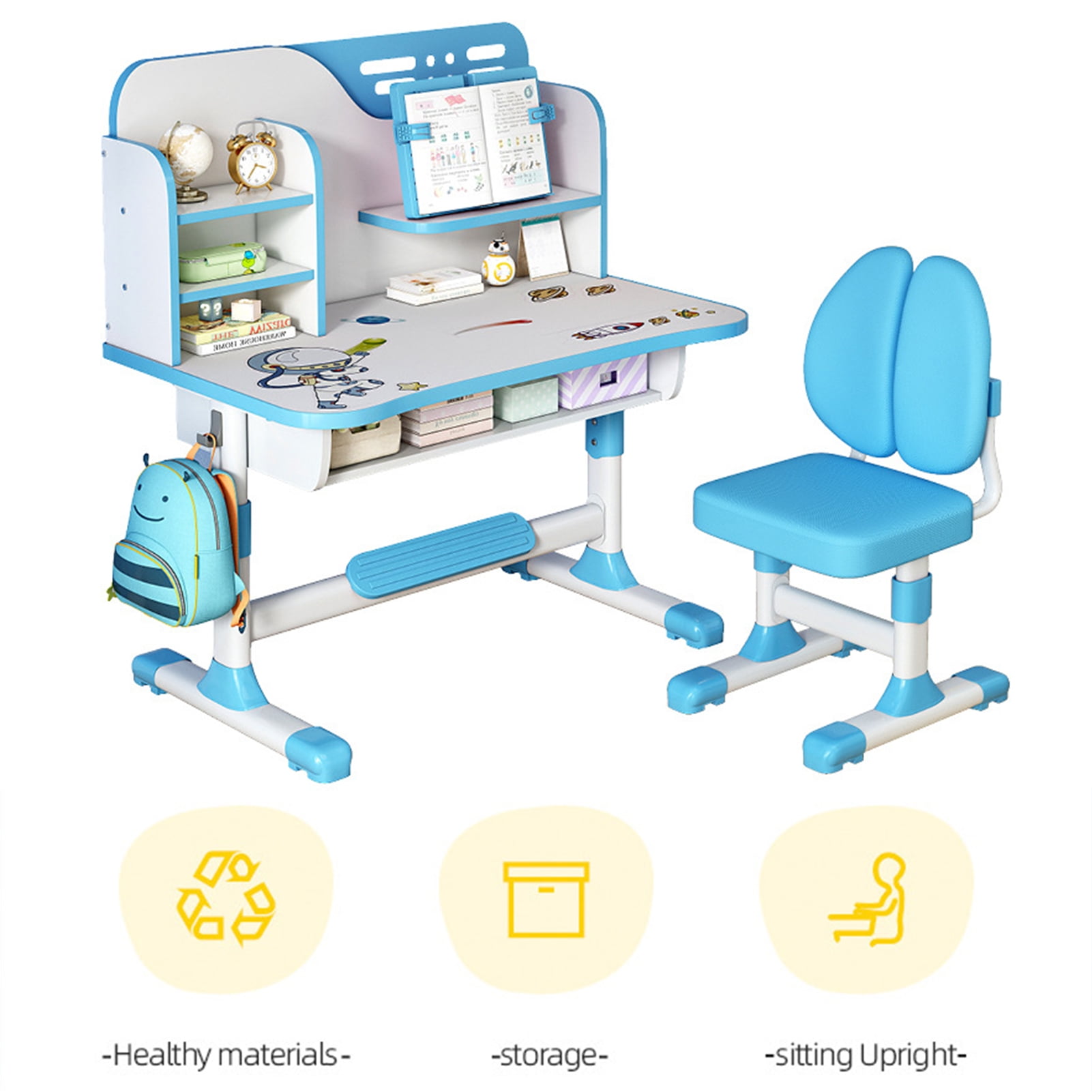 Nuoxin Kids Study Desk and Chair Set, Children School Study Drawing Desk Chair Height Adjustable Kids Table Desk and Chair Set with Storage Drawer,Blue