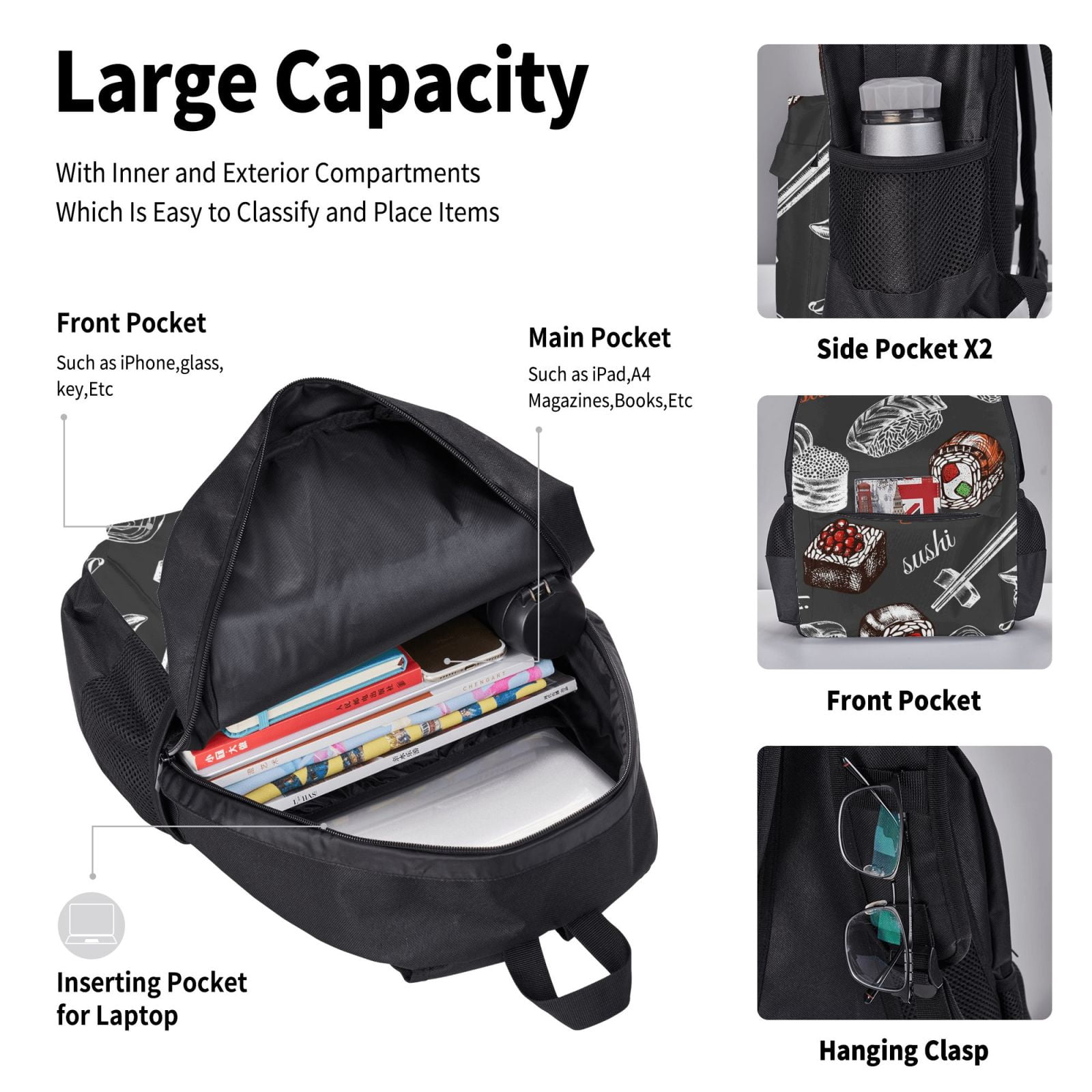 Naloa Japanese Sushi Hashi Print Large Capacity Backpack Lunch Bag Pencil Case Combination 3 Piece Set for Student