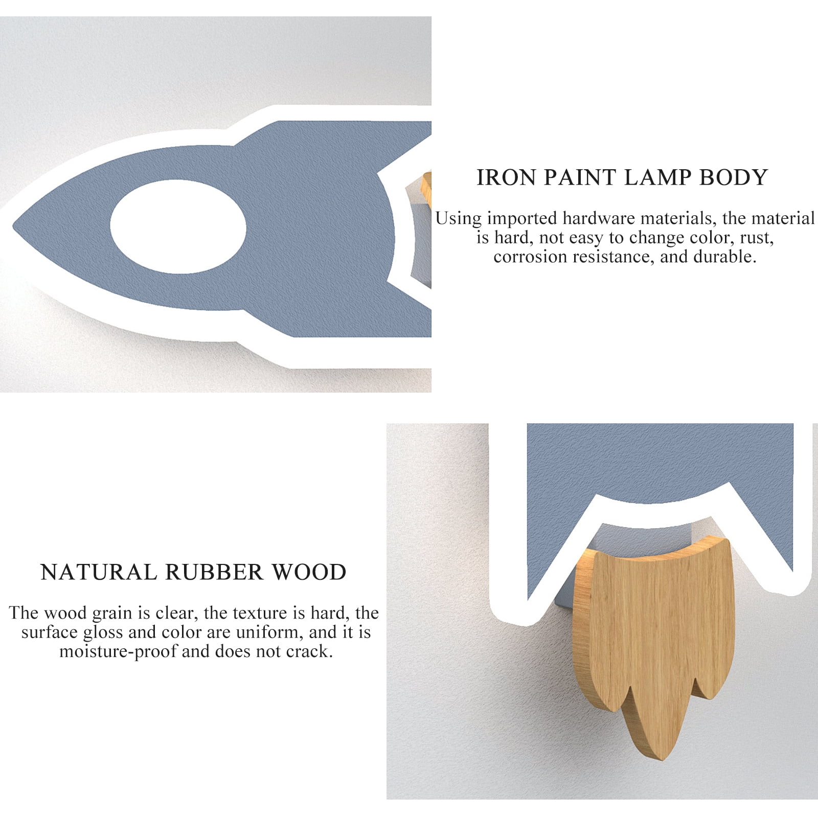 Rocket LED Wall Sconce, Blue with Natural Wood Accent, 3-Color Dimmable, Iron + Acrylic + Wood, Ideal for Children's Room Bedroom