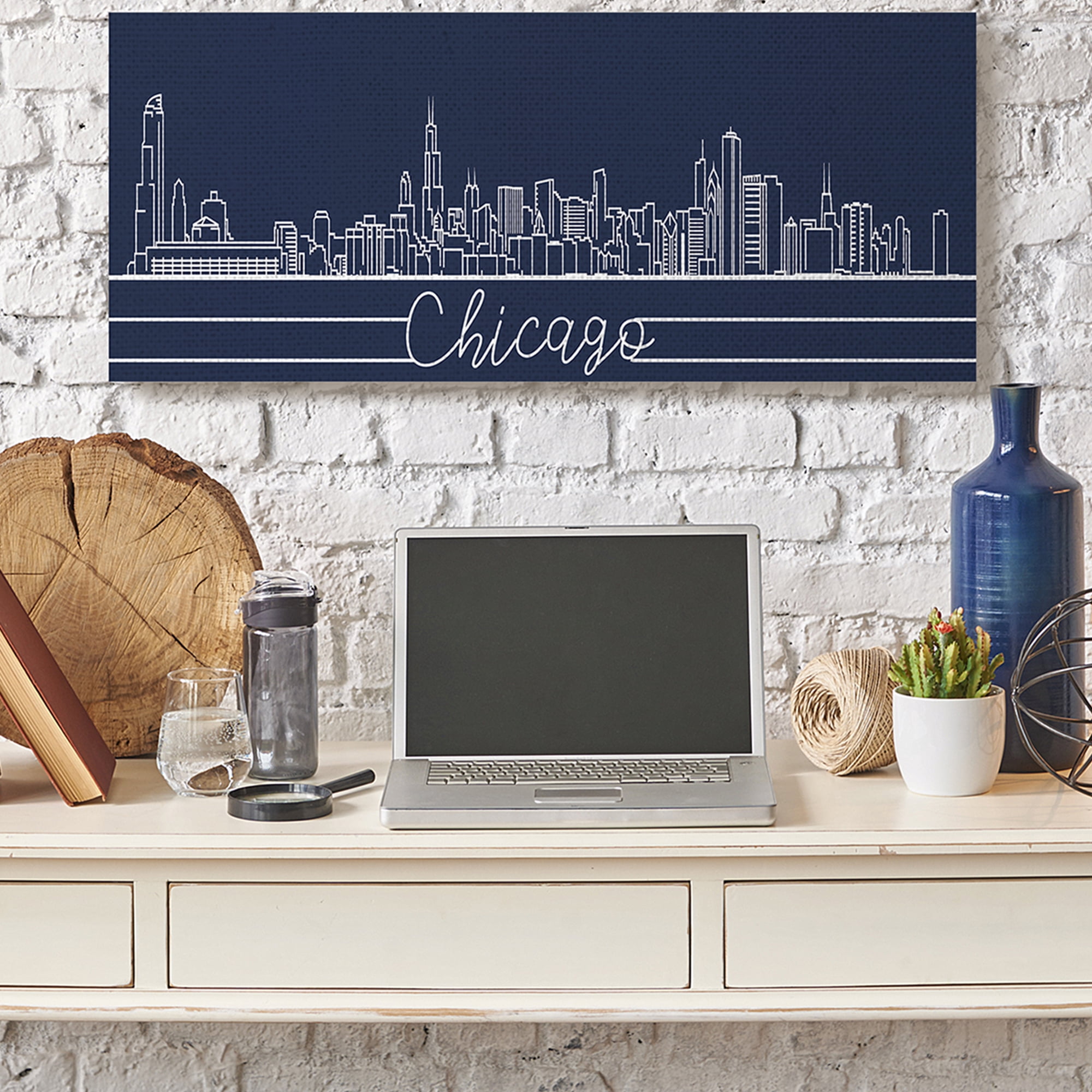 Stupell Industries Chicago Illinois Linework City Skyline Deep Blue Canvas Wall Art, 17 x 40, Design by Daphne Polselli