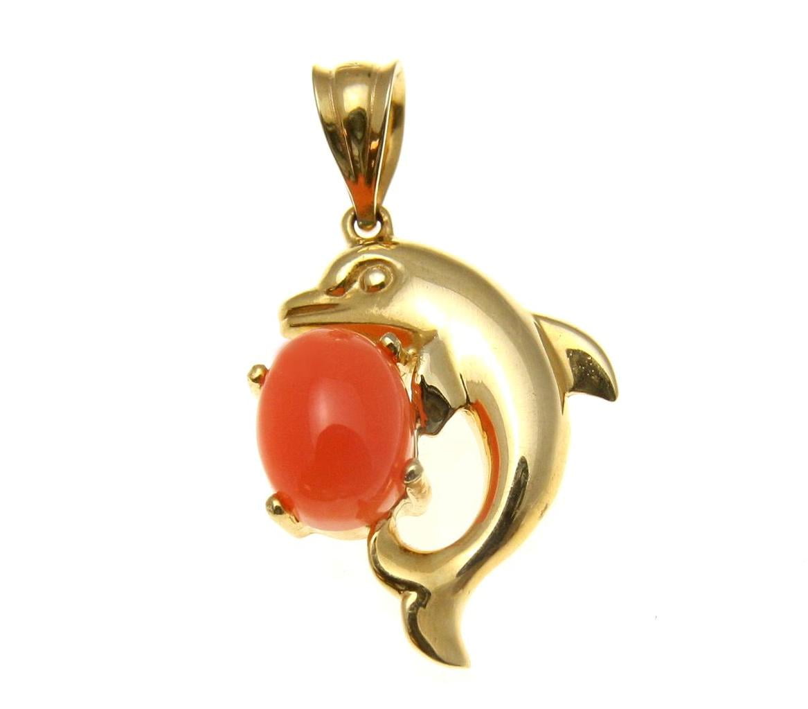 Geniune natural pink coral dolphin pendant set in solid 14k yellow gold 14.50mm by