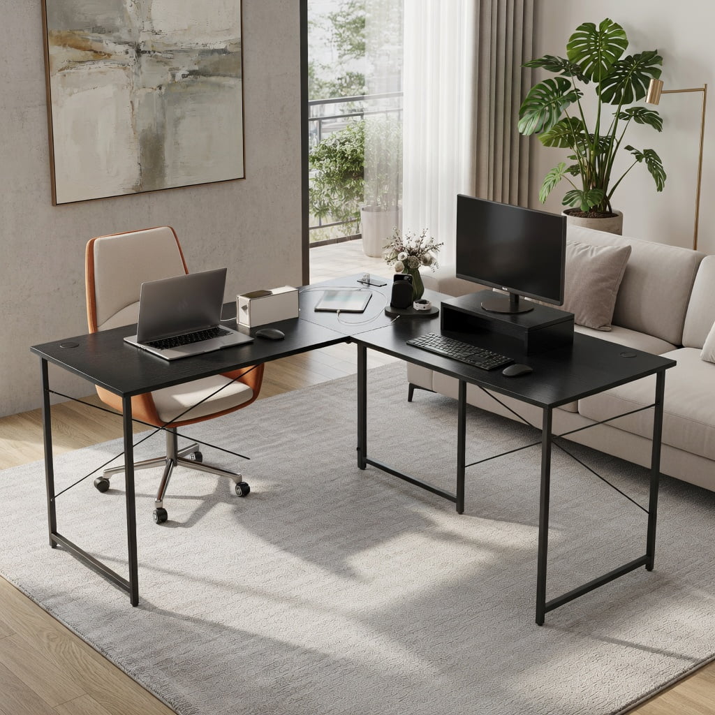 Demi Bonn 95" 2-Person L-Shaped Long Reversible Computer Desk with Monitor Stand, Small Home Office Desk Study Writing Table, Black