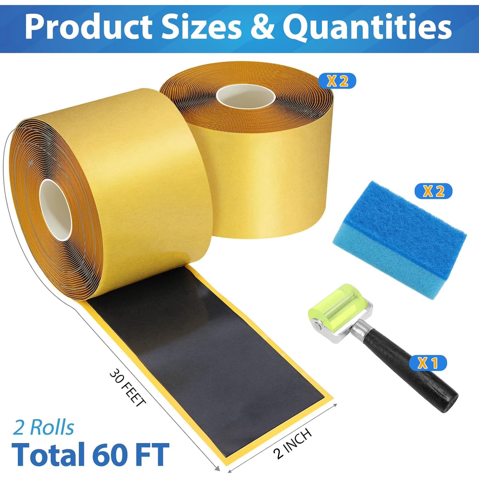 2Pcs Pond Liner Seam Tape, 3" x 30' Double Sided Butyl Rubber Tape Kit, Waterproof Seam Tape & 2 Pcs Sponge & Roller, Self Adhesive Patch Repair Tape for EPDM, HDPE Pond Liners Roof Deck RV