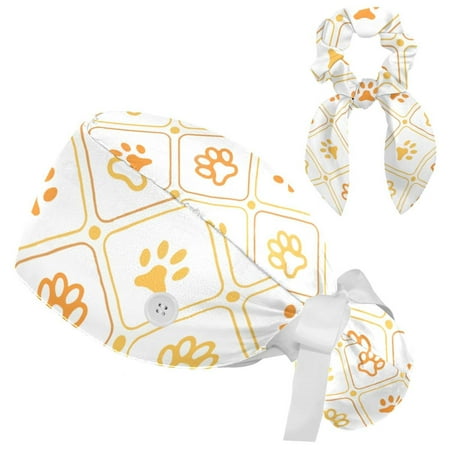 

Working Cap with Buttons and Sweatband Scrub Hat Bouffant Caps with Scrunchie Paw Tie Back Hats