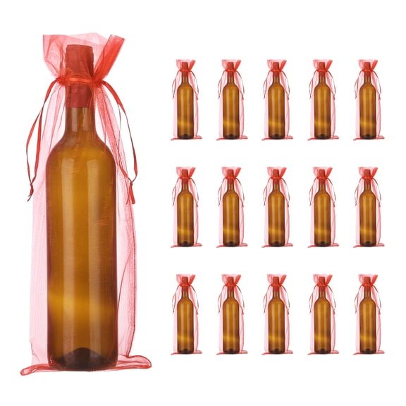 Uxcell Organza Wine Bags, Gift Wrap Bags Sheer Mesh Wine Bottle Bag Drawstring Pouches for Party Favors Red