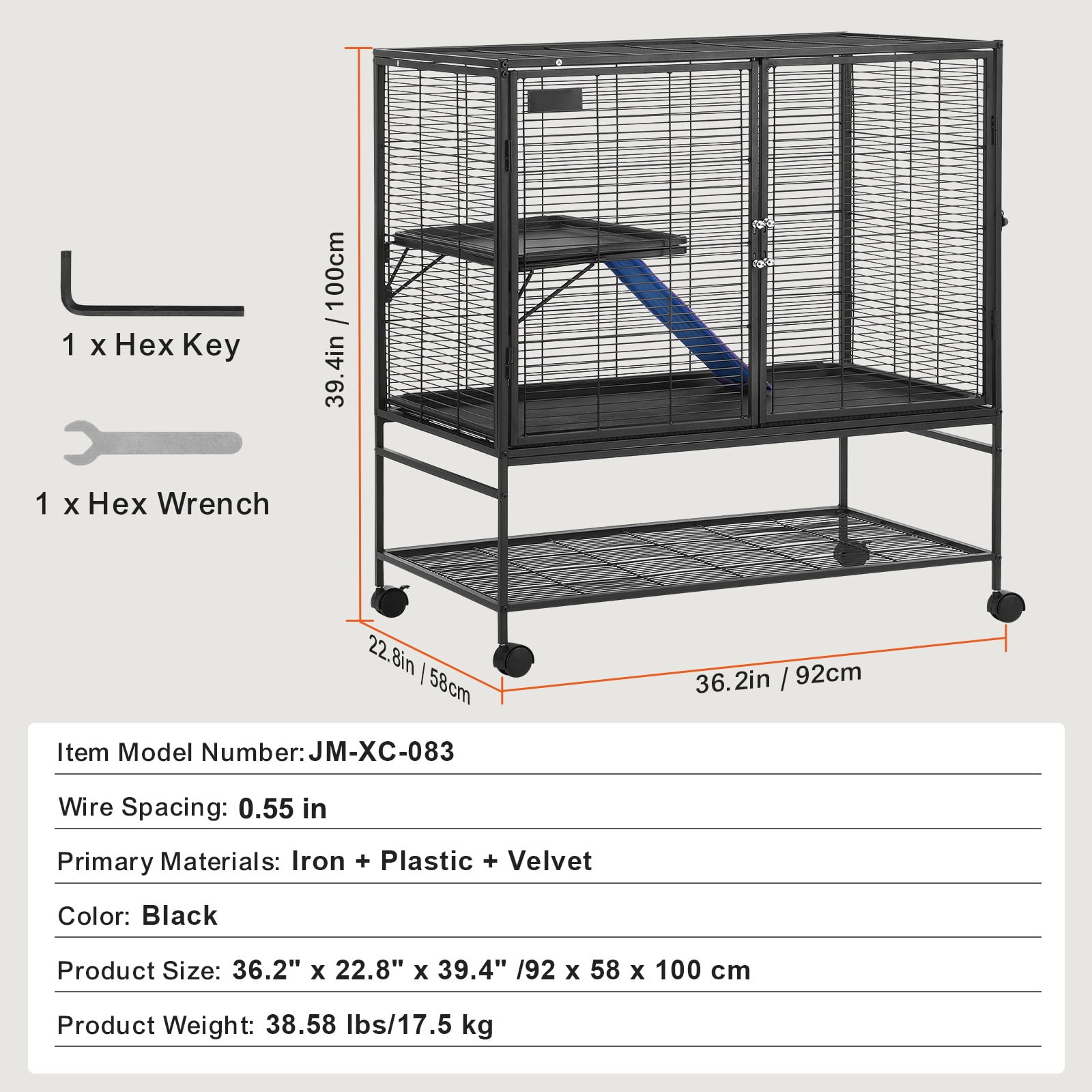 KFFKFF 39" Rolling Metal Ferret Cage, Spacious 2-Tier Small Animal Habitat with Ramps & Tray, Easy Assembly for Rats, Hamsters, Guinea Pigs, Chinchillas, Squirrels, Hedgehogs, and Rabbits