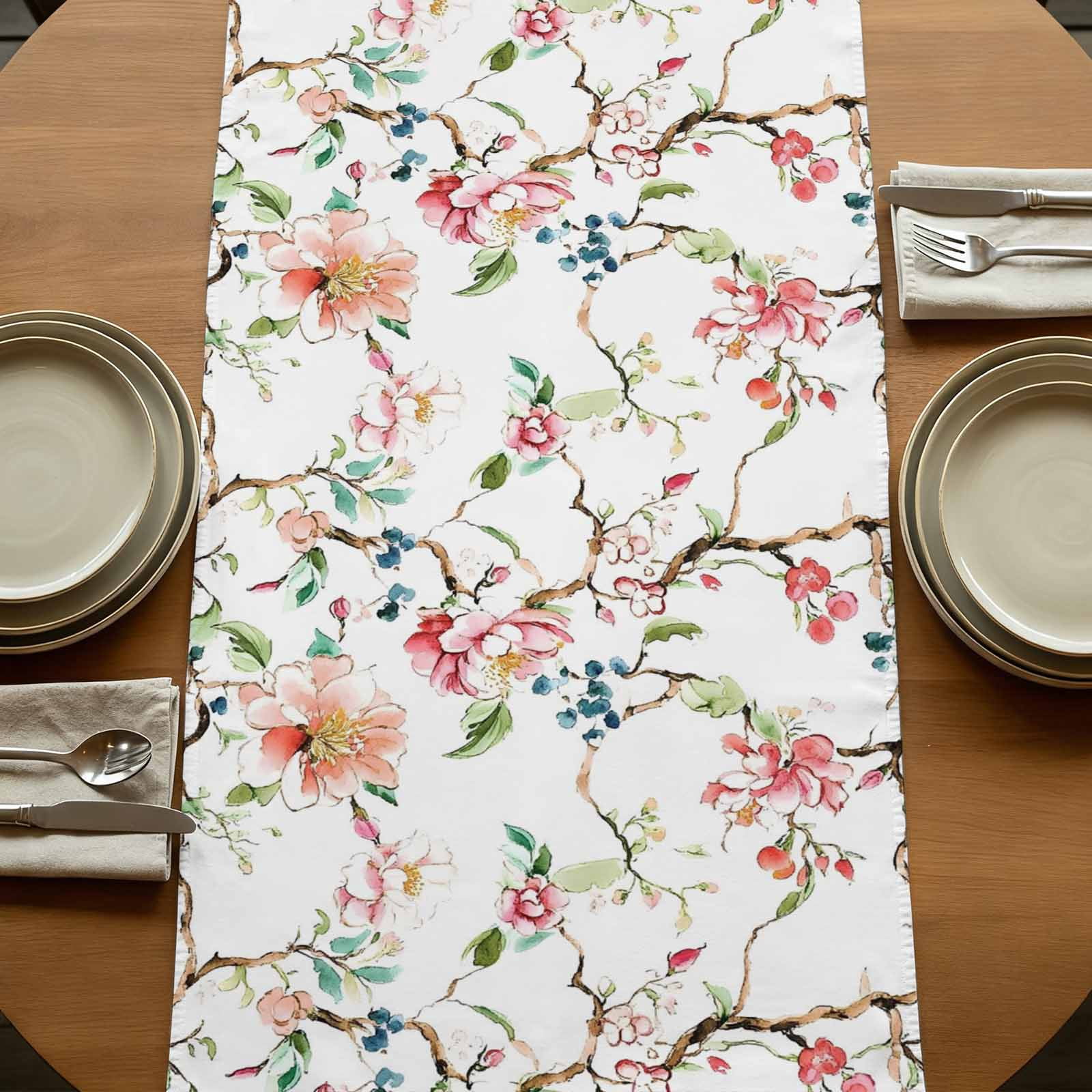 Pink Green Botanical 90 Inch Table Runner, Summer Watercolor Branch Flower Farmhouse Dresser Scarf Cotton & Linen Tablerunner for Dining/Kitchen Island/Holiday Party Décor 13" x 90"