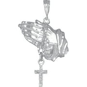 EJEWELRYPLUS Sterling Silver Praying Hands with Rosary Cross Pendant Necklace Diamond Cut Finish and 24 Inch Chain