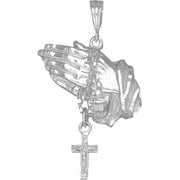 Sterling Silver Praying Hands with Rosary Cross Pendant Necklace Diamond Cut Finish and 24 Inch Chain