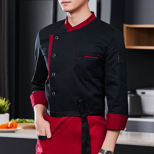 Chef Uniform Apron Set Stand Collar Short Sleeve Wrinkle-Resistant Chef Tops with Multi-Pocket Design Patchwork Color Professional Cooking Wear